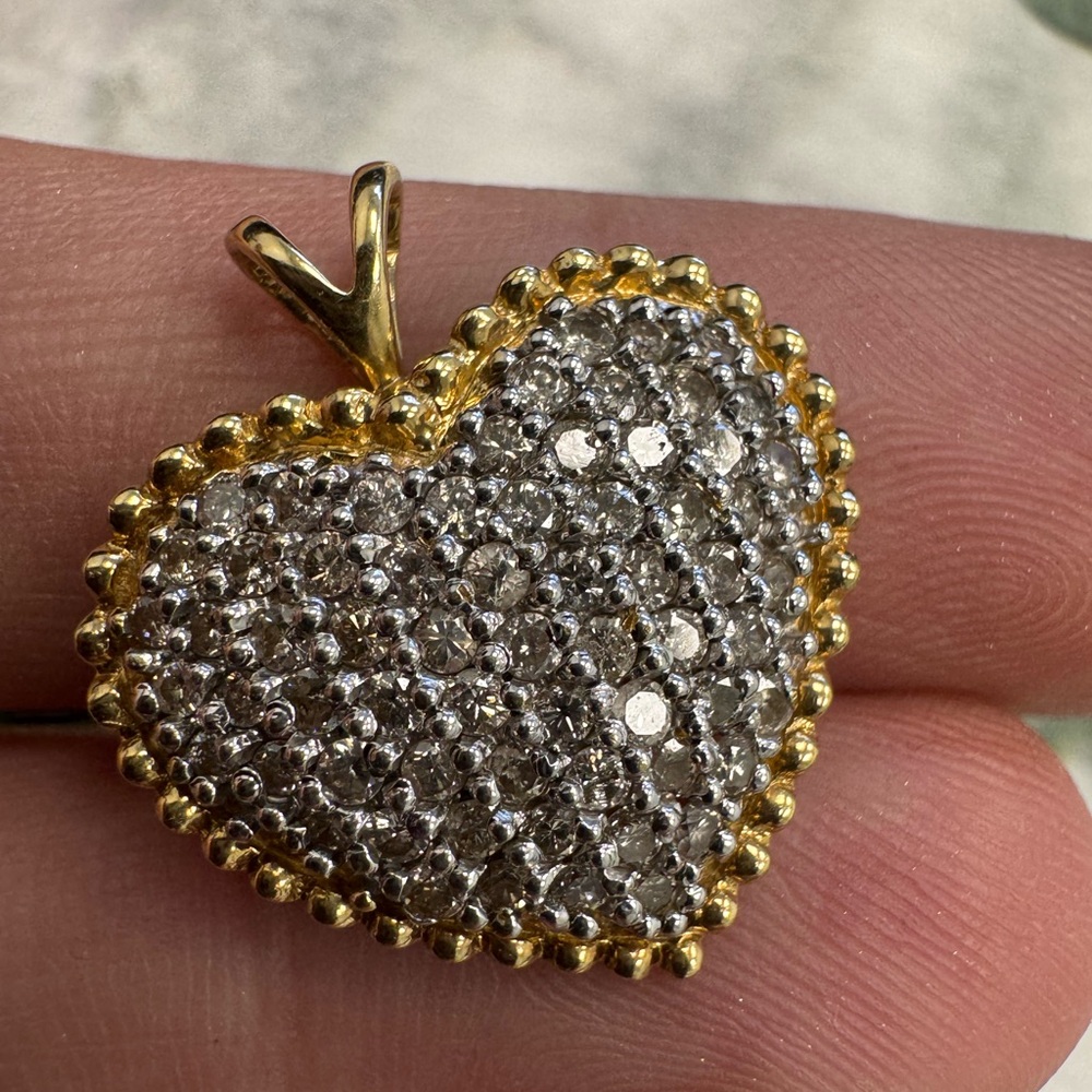14K yellow gold and diamonds pavè heart Pendant 3.9g - Picture 12 of 15